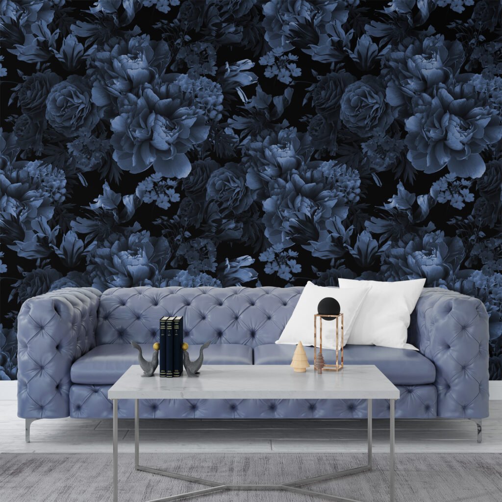 Koyu Mavi Çiçek Buketi Desenli Duvar Kağıdı, Oturma Odası, Banyo ve Yatak Odası İçin Çiçekli Duvar Posteri Çiçekli Duvar Kağıtları 5