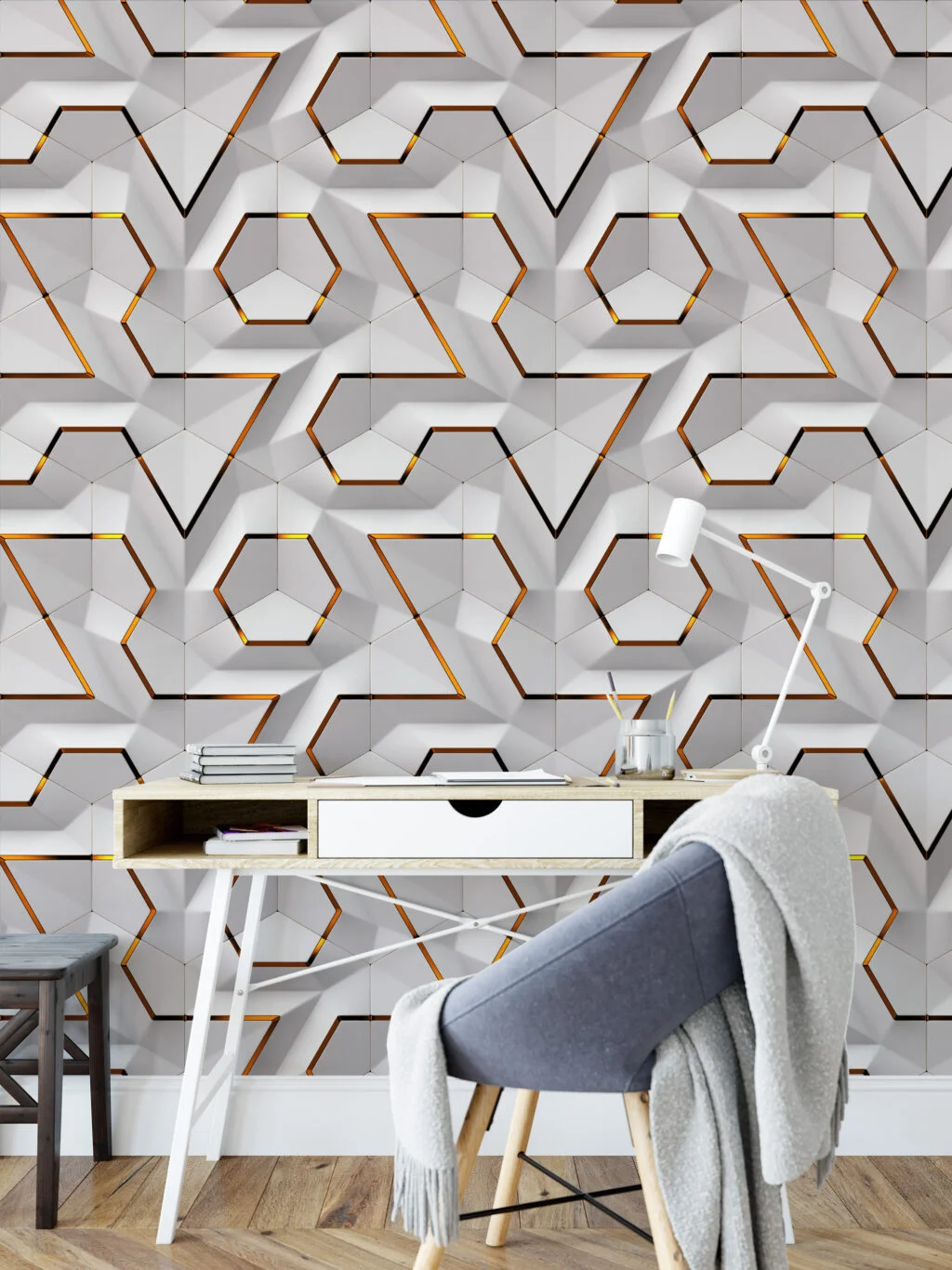 Beyaz Geometrik Modüller Duvar Posteri, Modern Duvar Dekorasyonu için Özel Ölçü Duvar Kağıdı 3D Duvar Kağıtları 3