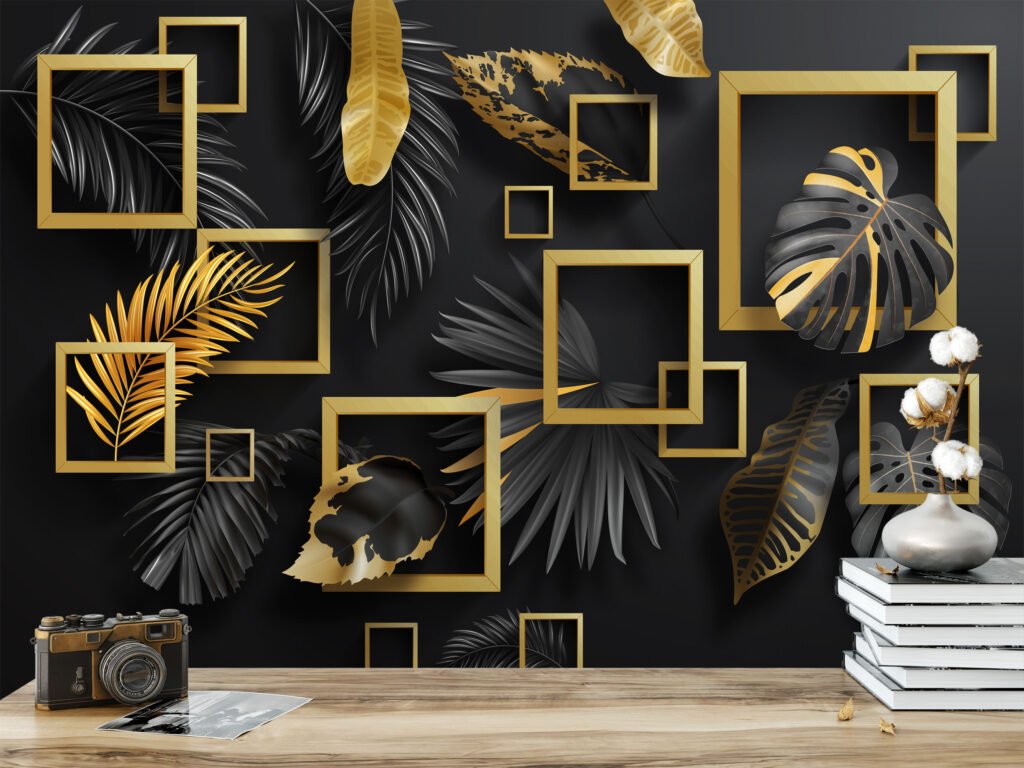 Geometrik Siyah ve Altın Yaprak Desenli Duvar Kağıdı, Modern Ev Dekoru için Zarif Duvar Posteri, 3D Duvar Kağıdı Geometrik Duvar Kağıtları 5