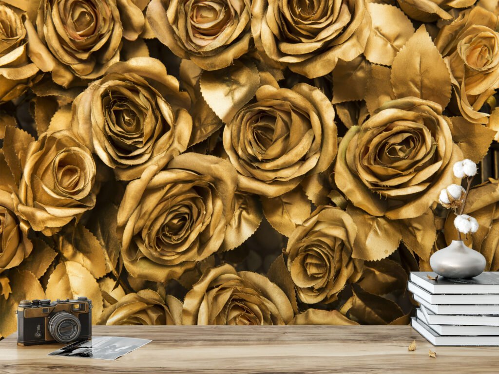 Büyük Altın Gül Desenli Duvar Kağıdı, Zarif ve Lüks Duvar Dekoru için 3D Duvar Posteri Çiçekli Duvar Kağıtları 2