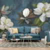 Large White Magnolia Flowers on Green Leafy Background Wallpaper, Peel and Stick Self Adhesive Removable Wall Mural, Nature-Themed Floral Print