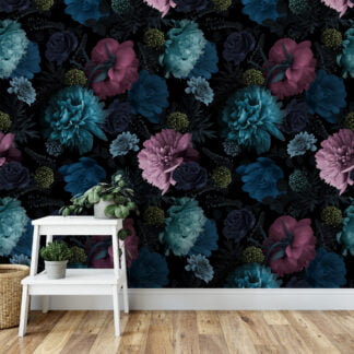 Turkuaz ve Pembe Çiçek Temalı Duvar Kağıdı, Oturma Odası, Yatak Odası veya Banyo için Çiçekli Duvar Posteri Çiçekli Duvar Kağıtları