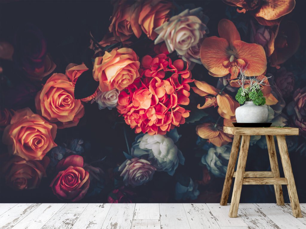 Koyu Arka Planlı Çiçek Buketi Duvar Kağıdı, Renkli Bir Duvar Dekoru için 3D Duvar Posteri Çiçekli Duvar Kağıtları 4