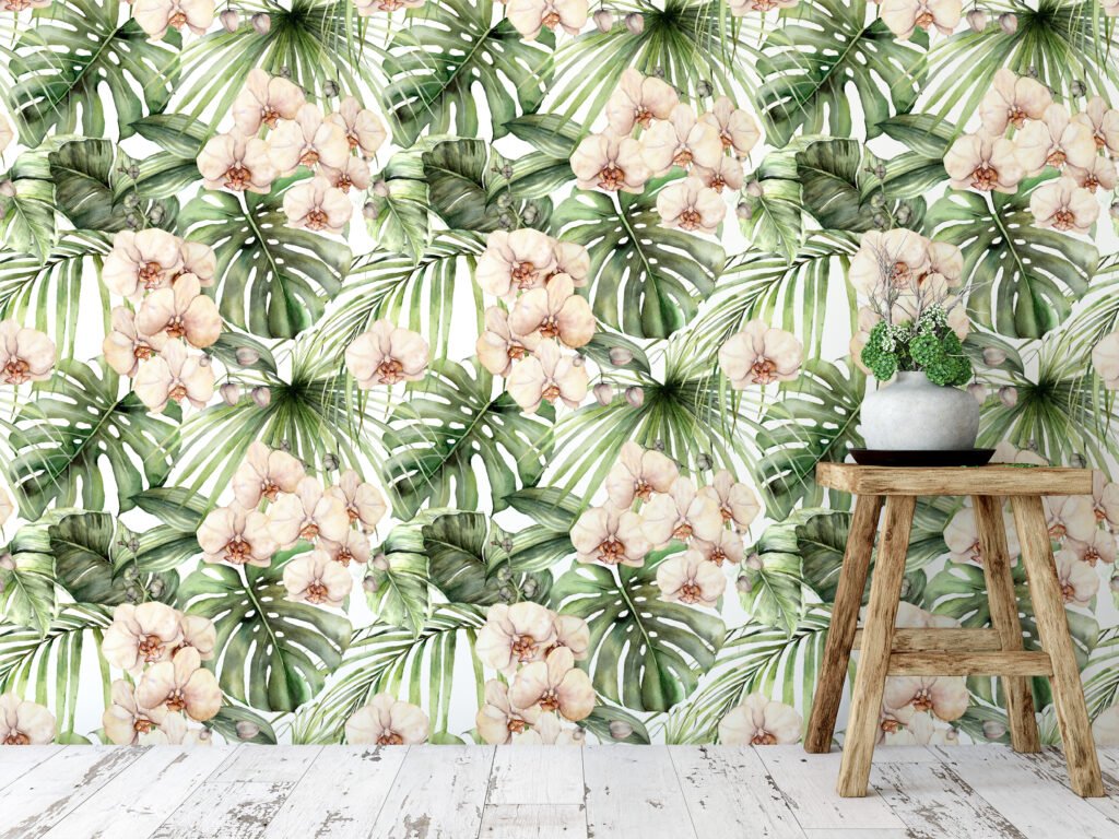 Tropikal Palmiye Yaprakları ve Orkideler Resimli Duvar Kağıdı, Dinlendirici Bir Oda için Duvar Posteri Çiçekli Duvar Kağıtları 7