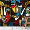 Colorful Surreal Faces Painting Wallpaper, Unique and Eye-catching Self Adhesive Wall Art, Peel and Stick Removable Wall Mural