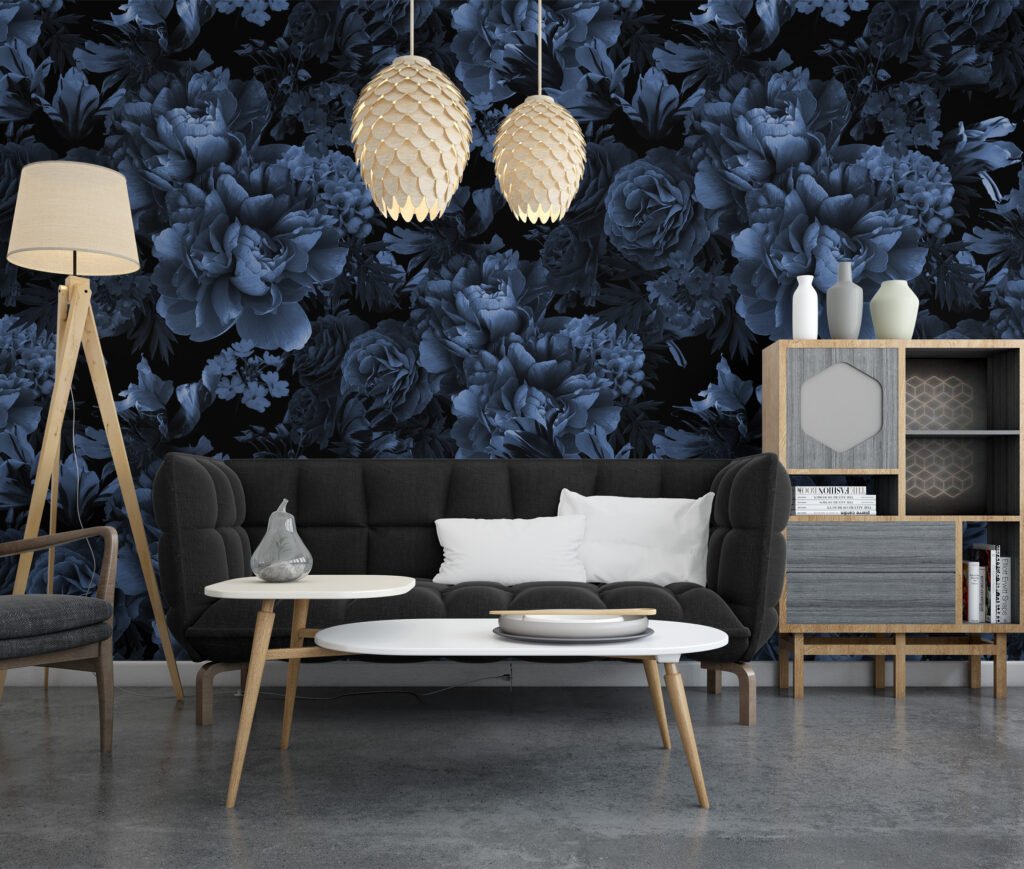 Koyu Mavi Çiçek Buketi Desenli Duvar Kağıdı, Oturma Odası, Banyo ve Yatak Odası İçin Çiçekli Duvar Posteri Çiçekli Duvar Kağıtları 6