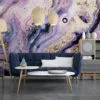 Grunge Purple and Gold Ink Wallpaper - Distressed Liquid Wall Covering with Black Background