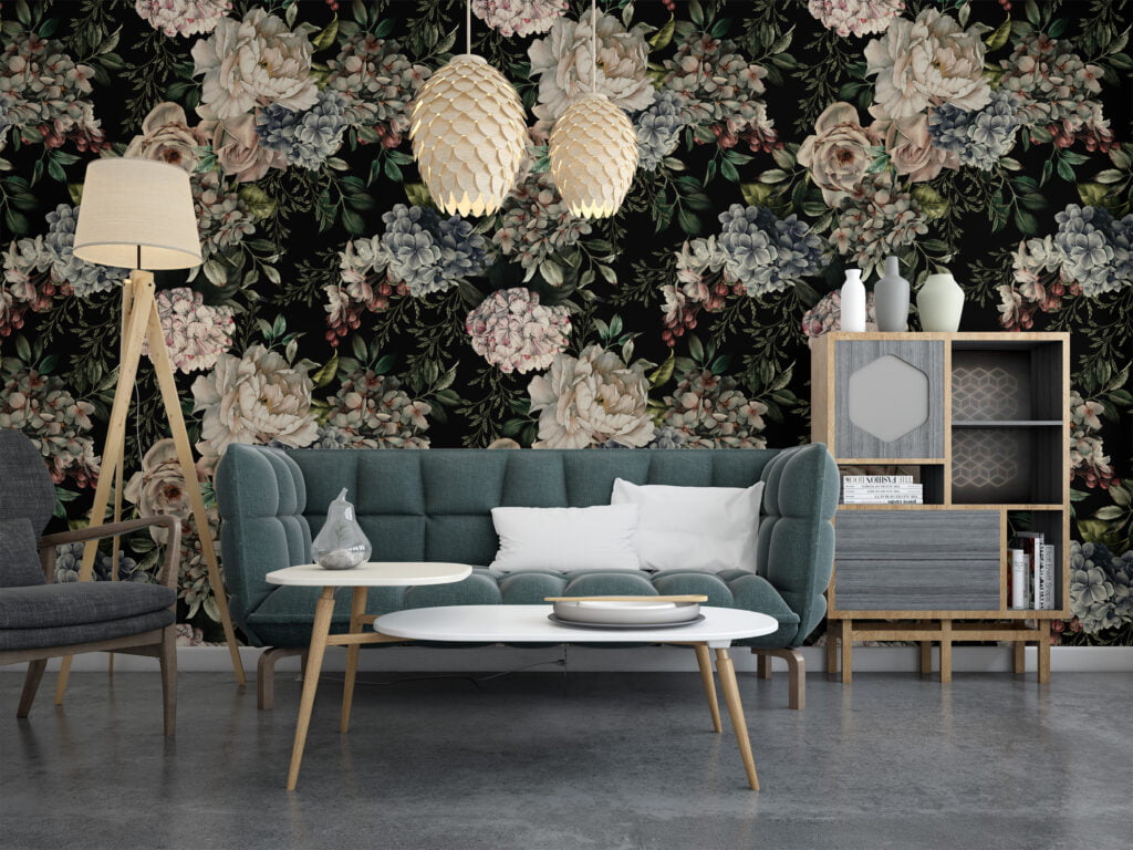 Modern Koyu Temalı Çiçek ve Yapraklar Duvar Kağıdı, Soyut Botanik Desenli Oturma Odası Dekoru için Duvar Posteri Çiçekli Duvar Kağıtları 9