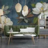 Large White Magnolia Flowers on Green Leafy Background Wallpaper, Peel and Stick Self Adhesive Removable Wall Mural, Nature-Themed Floral Print
