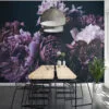 Elegant Large Violet Peonies on Black Background Wallpaper, Removable Self Adhesive Peel and Stick Wall Mural, Sophisticated Floral Print for a Modern Look