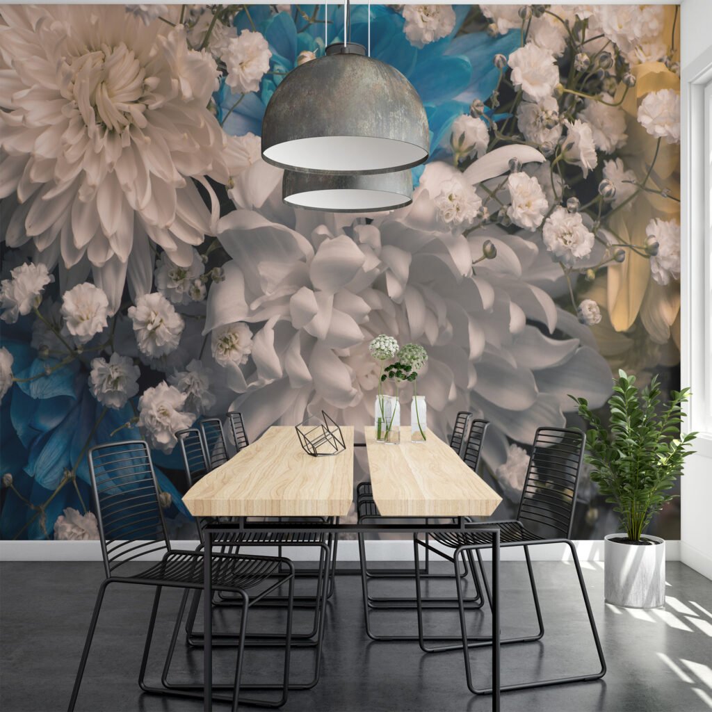 Minimalist Beyaz ve Mavi Krizantem Çiçekleri Desenli Duvar Kağıdı, Basit ve Şık Yatak Odası Dekoru Duvar Posteri Çiçekli Duvar Kağıtları 5