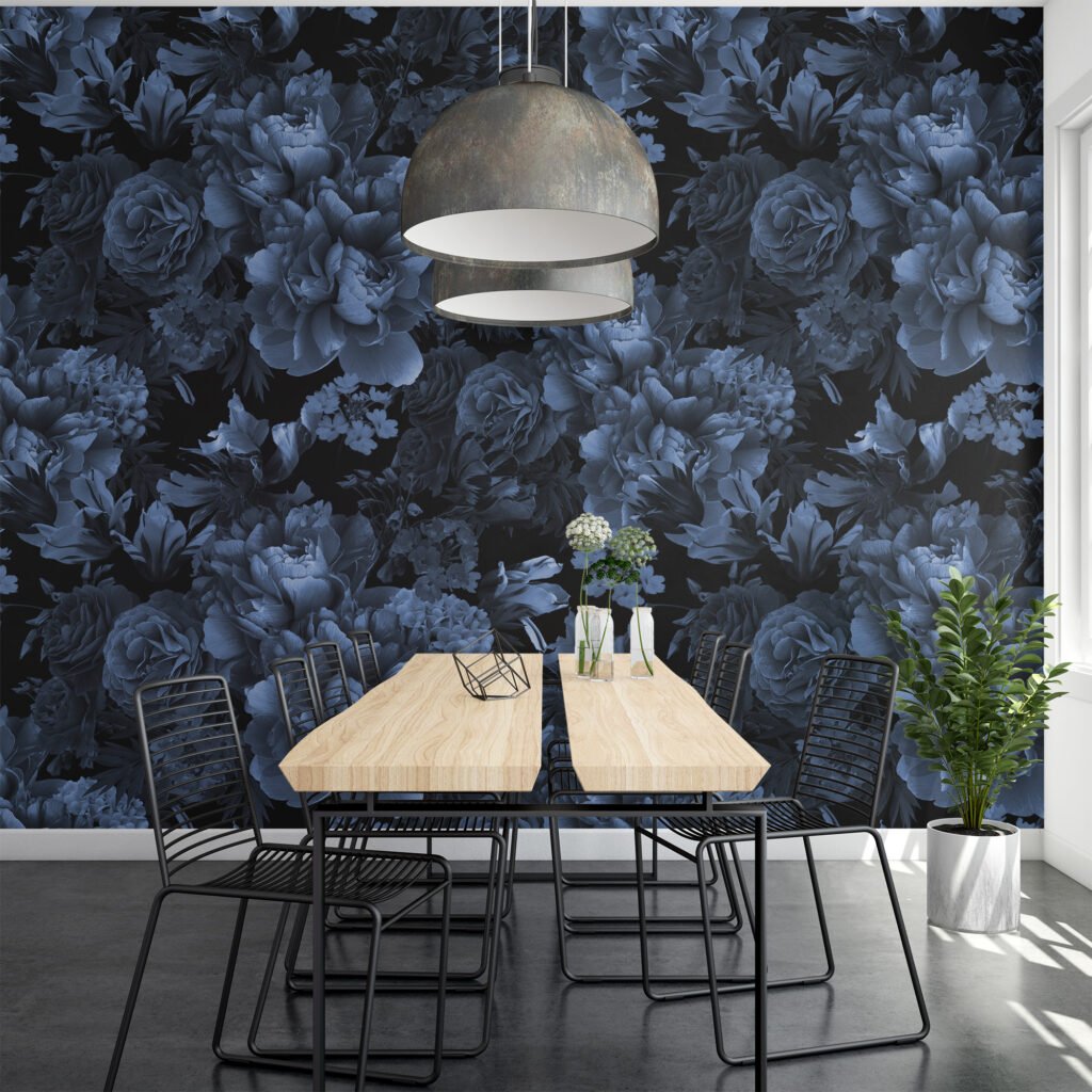 Koyu Mavi Çiçek Buketi Desenli Duvar Kağıdı, Oturma Odası, Banyo ve Yatak Odası İçin Çiçekli Duvar Posteri Çiçekli Duvar Kağıtları 4