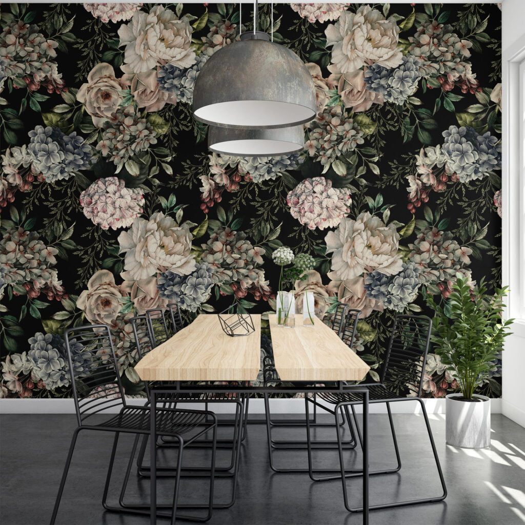 Modern Koyu Temalı Çiçek ve Yapraklar Duvar Kağıdı, Soyut Botanik Desenli Oturma Odası Dekoru için Duvar Posteri Çiçekli Duvar Kağıtları 10
