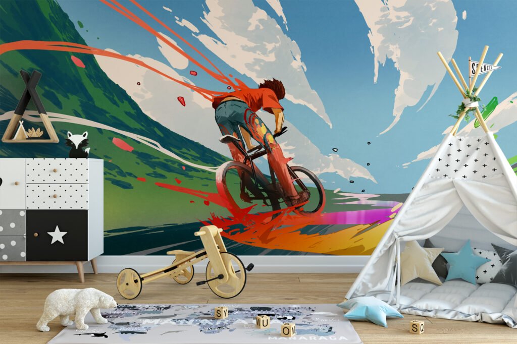 Renkli Çocuk Bisikletli Karikatür Duvar Kağıdı, Çocuk Odası için Eğlenceli Duvar Posteri, 3D Duvar Kağıdı Soyut Duvar Kağıtları 2