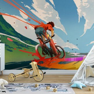 Renkli Çocuk Bisikletli Karikatür Duvar Kağıdı, Çocuk Odası için Eğlenceli Duvar Posteri, 3D Duvar Kağıdı Soyut Duvar Kağıtları