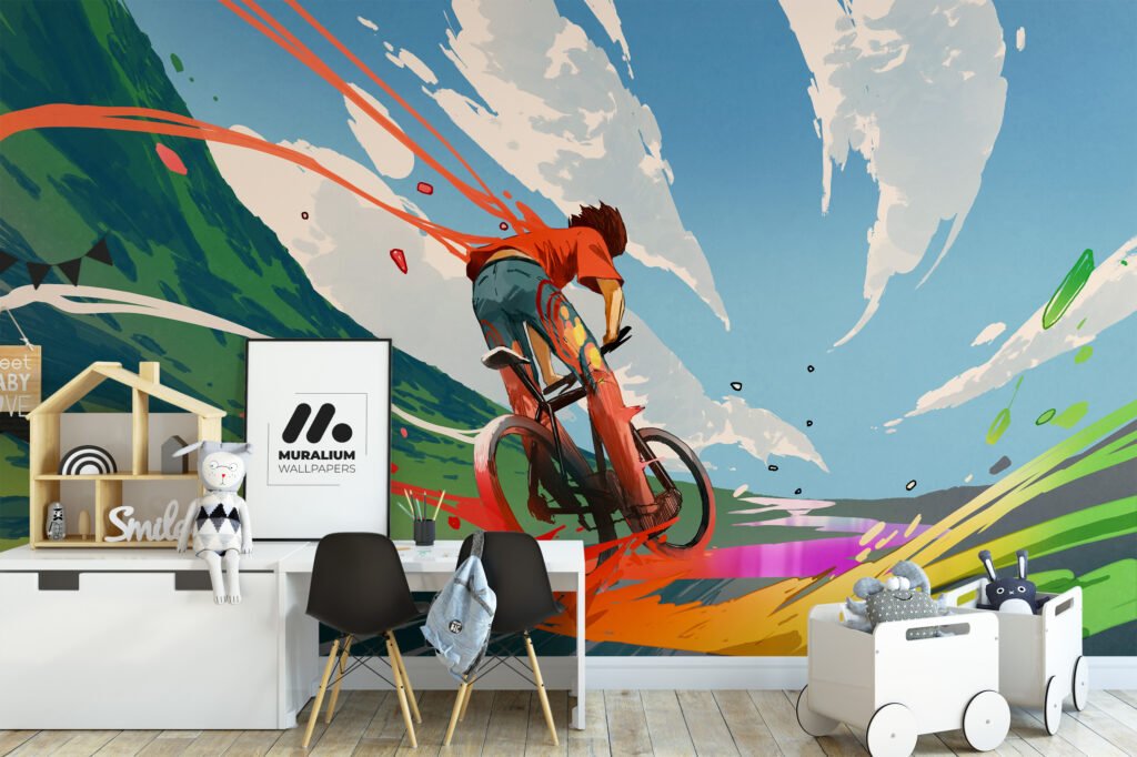 Renkli Çocuk Bisikletli Karikatür Duvar Kağıdı, Çocuk Odası için Eğlenceli Duvar Posteri, 3D Duvar Kağıdı Soyut Duvar Kağıtları 4