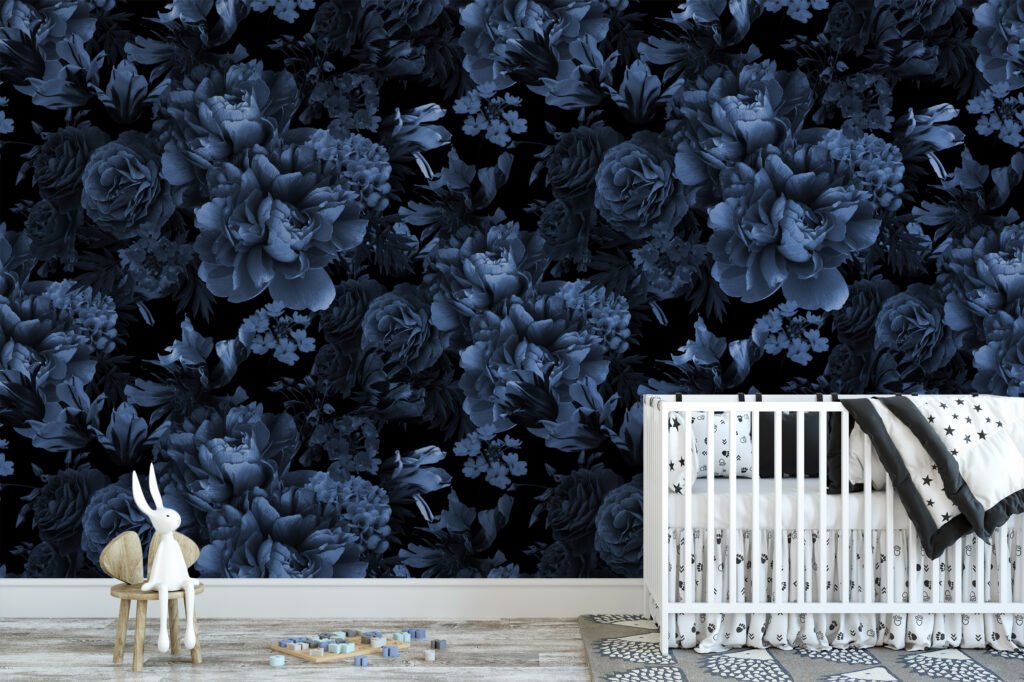 Koyu Mavi Çiçek Buketi Desenli Duvar Kağıdı, Oturma Odası, Banyo ve Yatak Odası İçin Çiçekli Duvar Posteri Çiçekli Duvar Kağıtları 3