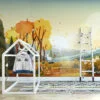Whimsical Cartoon Style Forest Illustration Wallpaper for a Playful and Vibrant Home Decor during Fall Season
