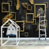 Geometric Black And Gold Leaves Wallpaper, Bold and Elegant Peel and Stick Wall Mural, Self Adhesive Removable Wallpaper for Modern Home Decor