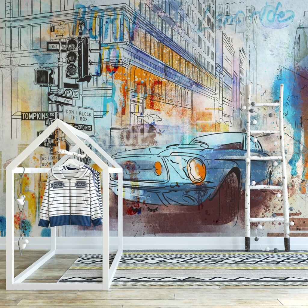 Retro Stili Araba ile Line Art Duvar Kağıdı, Araba Tutkunları için Modern Duvar Posteri Line Art Duvar Kağıdı 2