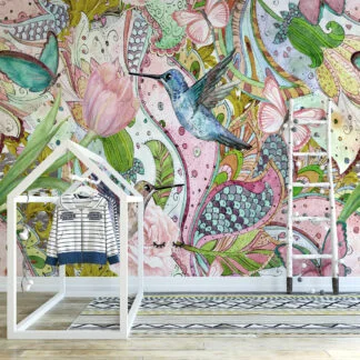 Çiçekler ve Kuşlar Resimli Duvar Kağıdı, Neşeli Ev Dekoru için Sanatsal Duvar Posteri Çiçekli Duvar Kağıtları