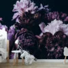 Elegant Large Violet Peonies on Black Background Wallpaper, Removable Self Adhesive Peel and Stick Wall Mural, Sophisticated Floral Print for a Modern Look