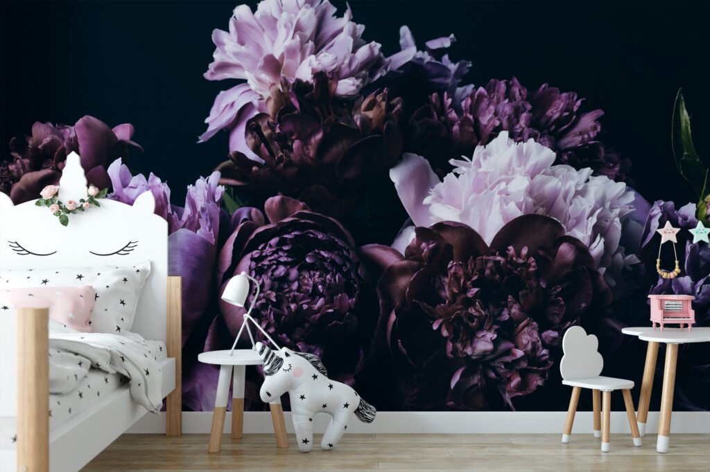 Büyük Mor Papatyalar Siyah Arka Planlı Duvar Kağıdı, Modern Görünümlü Çiçek Baskılı Duvar Posteri Çiçekli Duvar Kağıtları 7