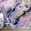 Grunge Purple and Gold Ink Wallpaper - Distressed Liquid Wall Covering with Black Background