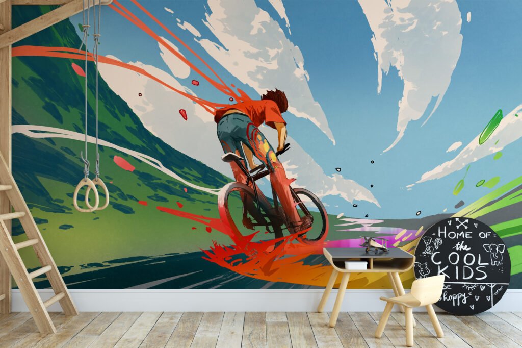 Renkli Çocuk Bisikletli Karikatür Duvar Kağıdı, Çocuk Odası için Eğlenceli Duvar Posteri, 3D Duvar Kağıdı Soyut Duvar Kağıtları 3