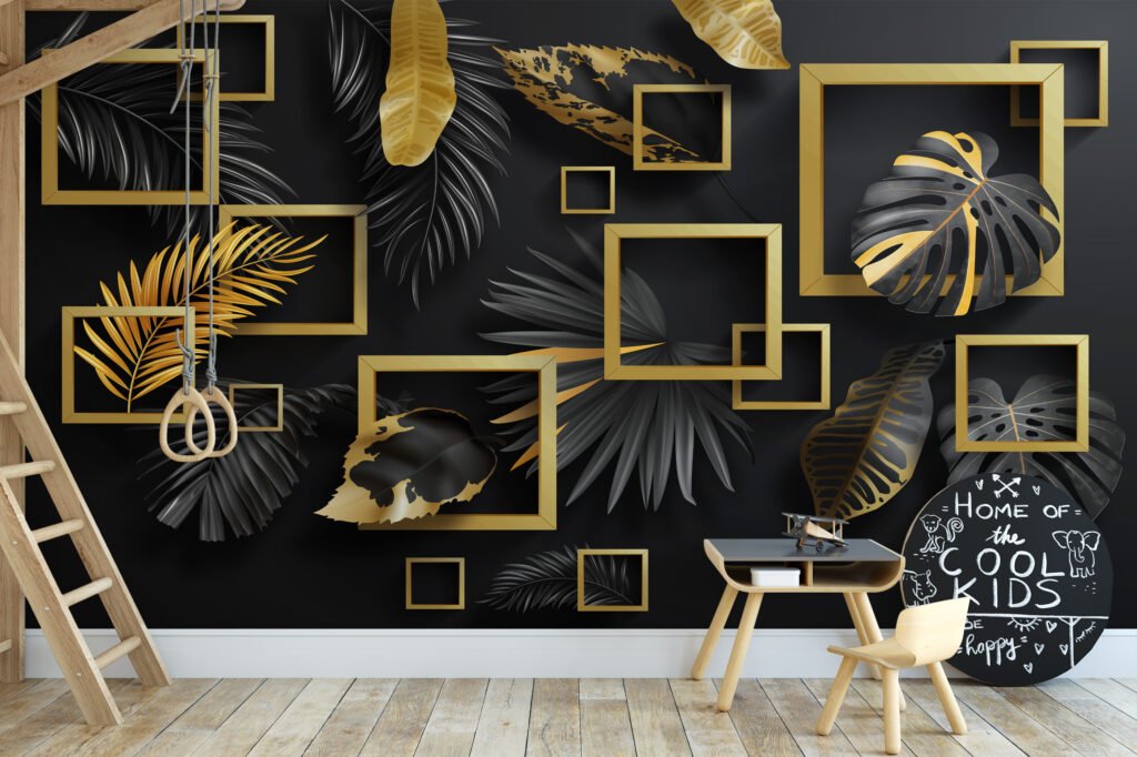 Geometrik Siyah ve Altın Yaprak Desenli Duvar Kağıdı, Modern Ev Dekoru için Zarif Duvar Posteri, 3D Duvar Kağıdı Geometrik Duvar Kağıtları 6