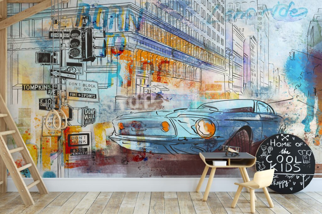 Retro Stili Araba ile Line Art Duvar Kağıdı, Araba Tutkunları için Modern Duvar Posteri Line Art Duvar Kağıdı 3