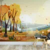 Whimsical Cartoon Style Forest Illustration Wallpaper for a Playful and Vibrant Home Decor during Fall Season