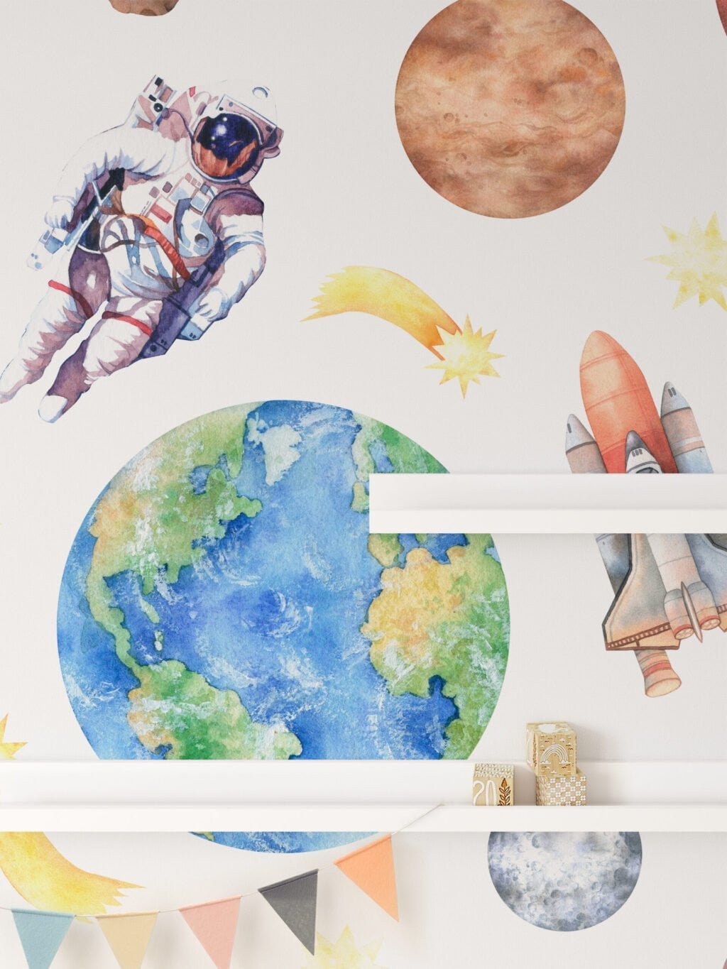 Sulu Boya Astronot ve Uzay Temalı Gezegenler Duvar Kağıdı, Astronot ve Uzay Mekiği 3D Duvar Posteri Bebek Odası Duvar Kağıtları 5