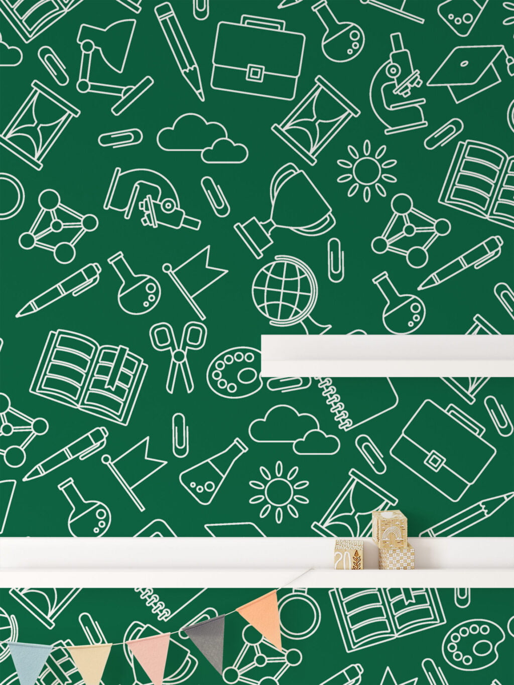 Yeşil Okul İkonları Çocuk Odası Duvar Kağıdı, Yeşil Tahta Karalamalar 3D Duvar Posteri Bebek Odası Duvar Kağıtları 4