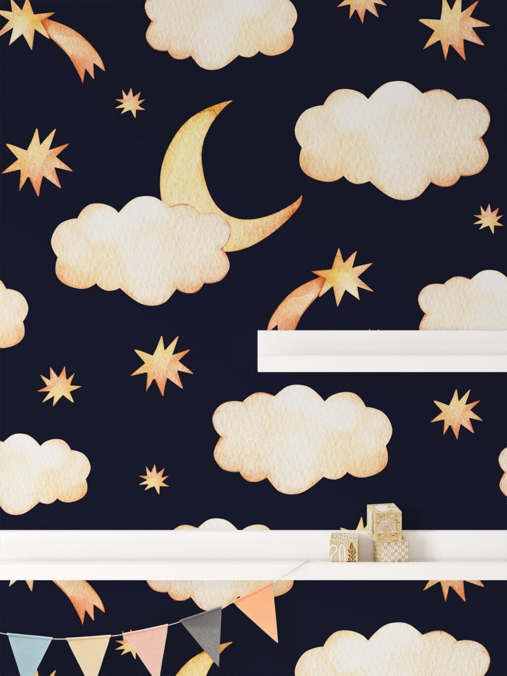 Sulu Boya Ay Gece Bulutları ve Yıldızlar Duvar Kağıdı, Gece Gökyüzü 3D Duvar Posteri Bebek Odası Duvar Kağıtları 4