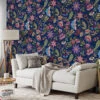 Renkli Floral Paisley Duvar Kağıdı, Lacivert Bahçe Duvar Posteri - Görsel 5