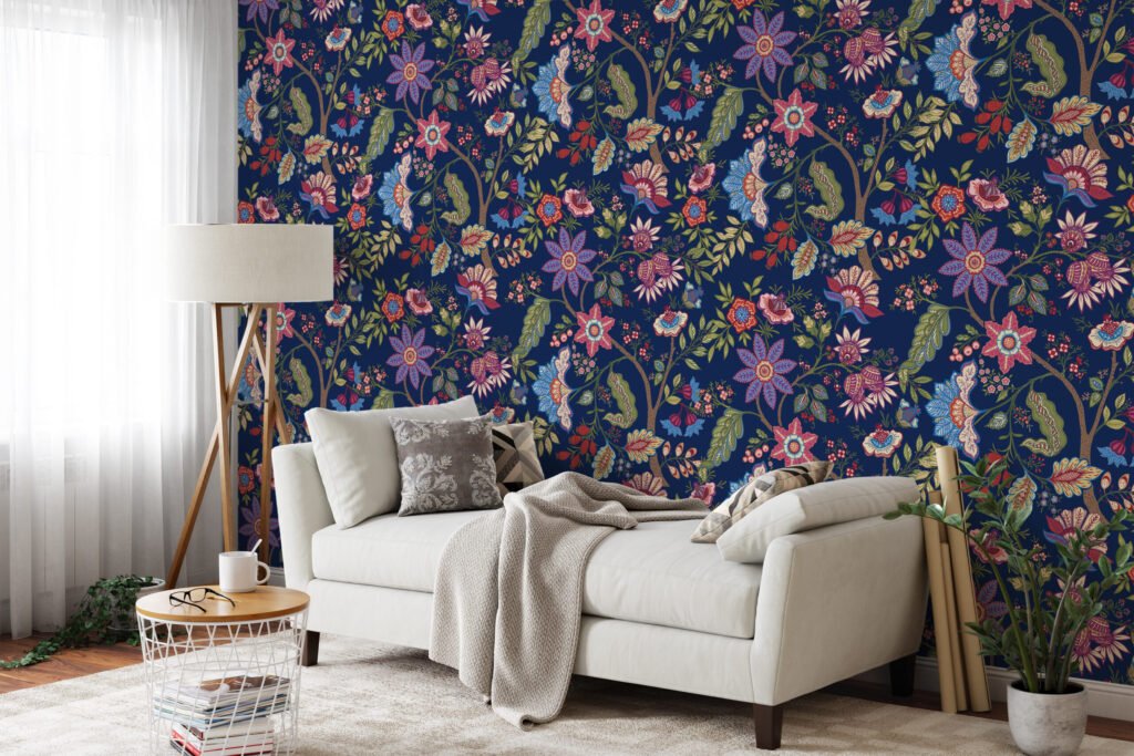 Renkli Floral Paisley Duvar Kağıdı, Lacivert Bahçe Duvar Posteri Çiçekli Duvar Kağıtları 6