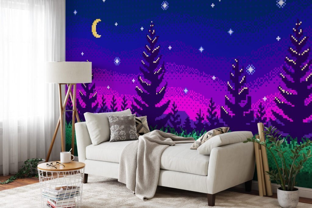 Pixel Art Gece Ağaçları Mor Gradyan Arka Plan Duvar Kağıdı, Piksel Yıldızlı Gece Ormanı 3D Duvar Posteri Pixel Art Duvar Kağıtları 5
