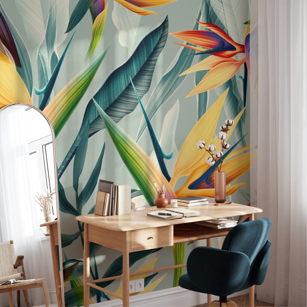 Tropik Nane Renkli Cennet Kuşları Çiçekleri Duvar Kağıdı, Abstract Tropik Yaprak Desenli Duvar Posteri Çiçekli Duvar Kağıtları 6