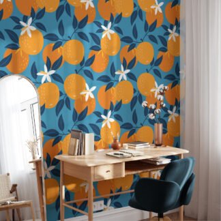 Retro Flat Art Portakallar Soyut Tasarım Duvar Kağıdı, Mavi Üzerinde Narenciye 3D Duvar Kağıdı Vintage & Retro Duvar Kağıtları