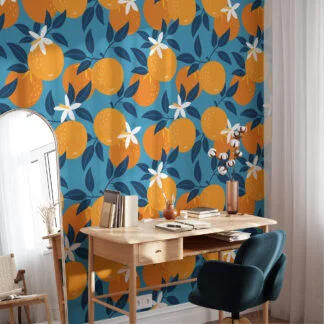 Retro Flat Art Portakallar Soyut Tasarım Duvar Kağıdı, Mavi Üzerinde Narenciye 3D Duvar Kağıdı Vintage & Retro Duvar Kağıtları