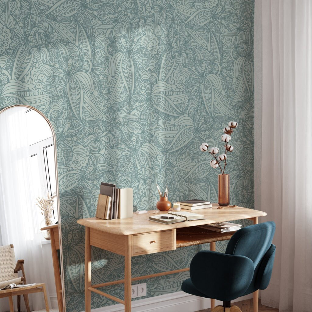 Mint Arka Planlı Damask Line Art Duvar Kağıdı, Zarif Pastel Duvar Kağıdı Line Art Duvar Kağıdı 2