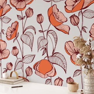 Çiçekli Line Art Duvar Kağıdı, Şık Çiçek Tasarımı 3D Duvar Kağıdı Çiçekli Duvar Kağıtları