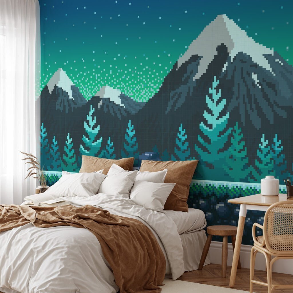 Pixel Art Karlı Dağlar ve Ağaçlar Duvar Kağıdı, Piksel Dağ Zirveleri 3D Duvar Posteri Manzara Duvar Kağıtları 2