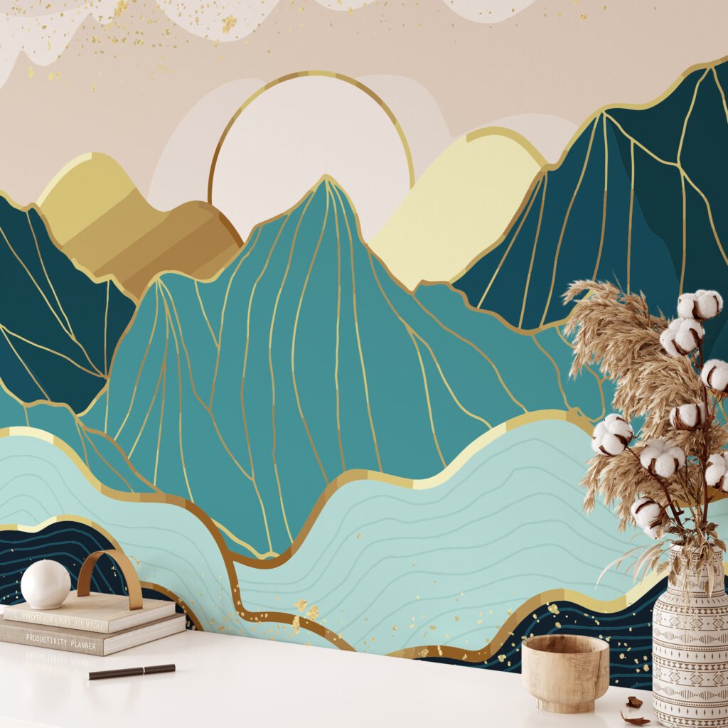 Minimalist Güneş Batımı ile Modern Soyut Dağlar Duvar Kağıdı, Stilize Manzara 3D Duvar Kağıdı Manzara Duvar Kağıtları 2