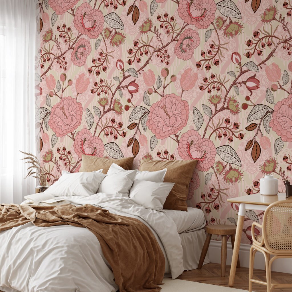 Pembe Paisley Damask Tarzı Duvar Kağıdı, Vintage Pembe Gül Bahçesi Duvar Posteri Çiçekli Duvar Kağıtları 5