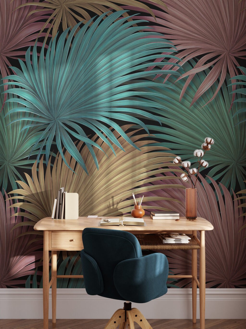 Karanlık Arka Plan Üzerinde Tropikal Pastel Yapraklar Duvar Kağıdı, Soyut Tropikal Yapraklar 3D Duvar Posteri Tropikal Duvar Kağıtları 6