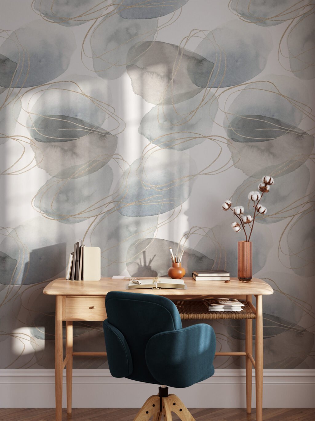 Sulu Boya Fırça Vuruşları Desenli Duvar Kağıdı, Zarif Soyut Spiraller 3D Duvar Posteri Soyut Duvar Kağıtları 2