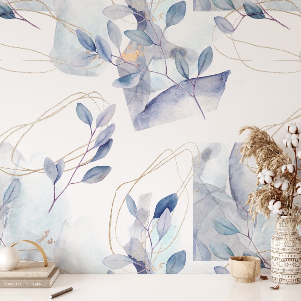 Sulu Boya Tarzı Pastel Yapraklı Dallar Duvar Kağıdı, Mavi Mor Yapraklar 3D Duvar Posteri Çiçekli Duvar Kağıtları 6