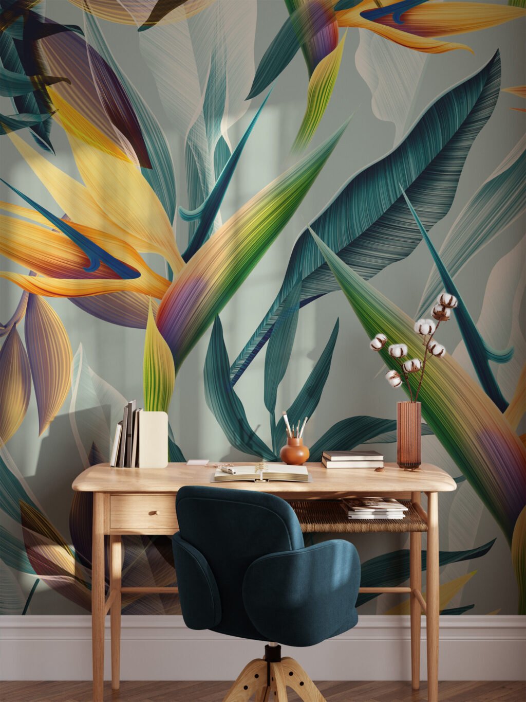 Tropik Nane Renkli Cennet Kuşları Çiçekleri Duvar Kağıdı, Abstract Tropik Yaprak Desenli Duvar Posteri Çiçekli Duvar Kağıtları 5